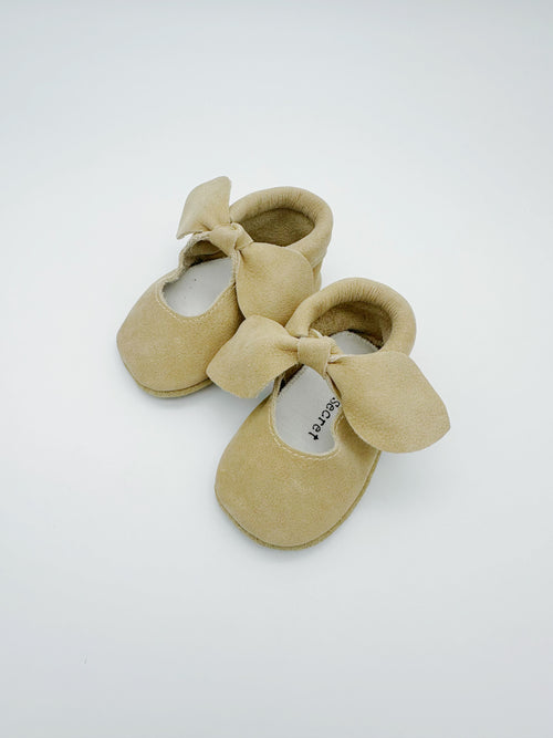 Bow Beige Baby Leather Flat Shoes