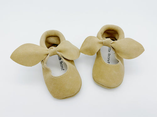 Bow Beige Baby Leather Flat Shoes