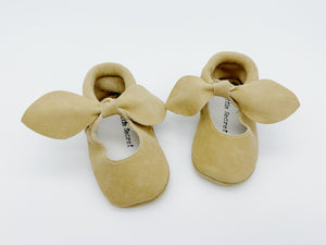 Bow Beige Baby Leather Flat Shoes