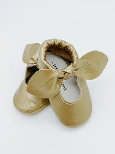Bow Gold Baby Leather Flat Shoes