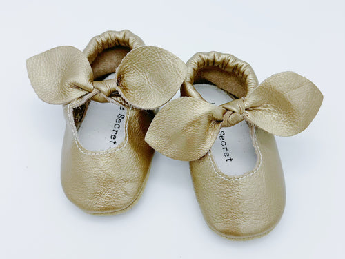 Bow Gold Baby Leather Flat Shoes