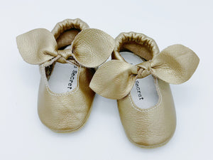 Bow Gold Baby Leather Flat Shoes