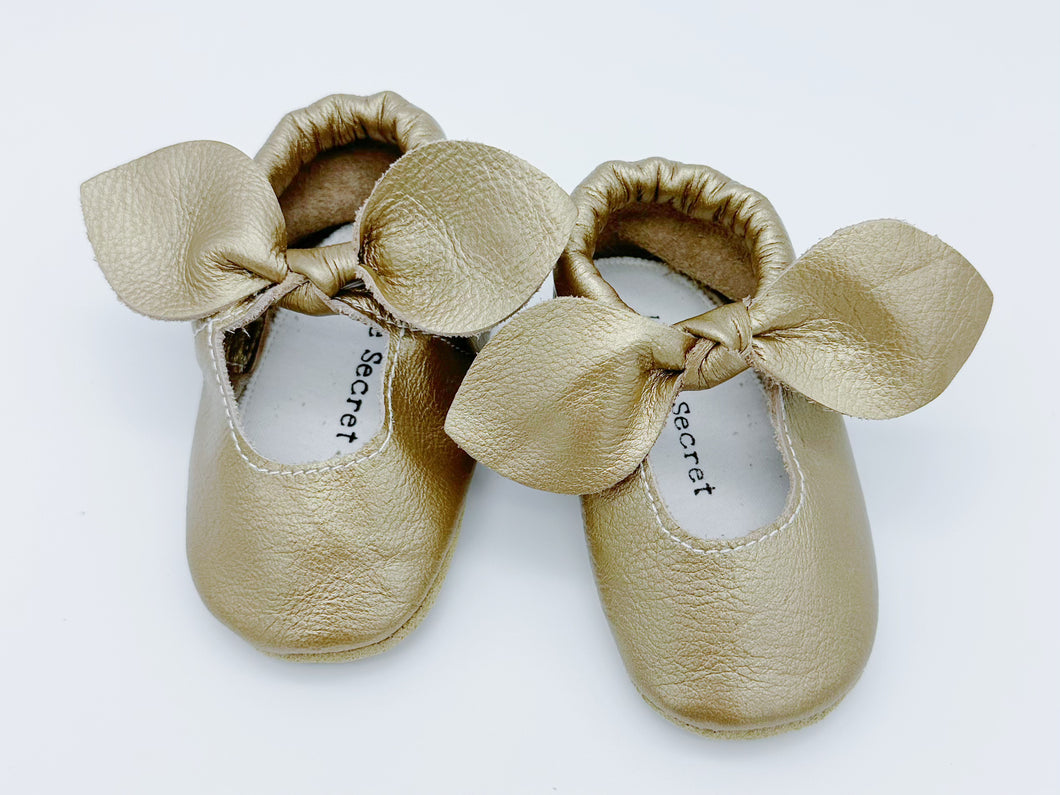 Bow Gold Baby Leather Flat Shoes